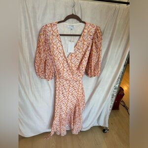 Lucy Paris Dress Womens Medium Wrap Midi Cocktail Orange Puff Sleeve Lined NWT